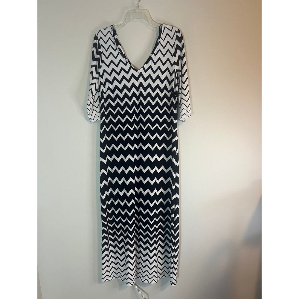 Emma & Michele Black White Chevron Zigzag Maxi Dress V-Neck‎ 3/4 Sleeve Large